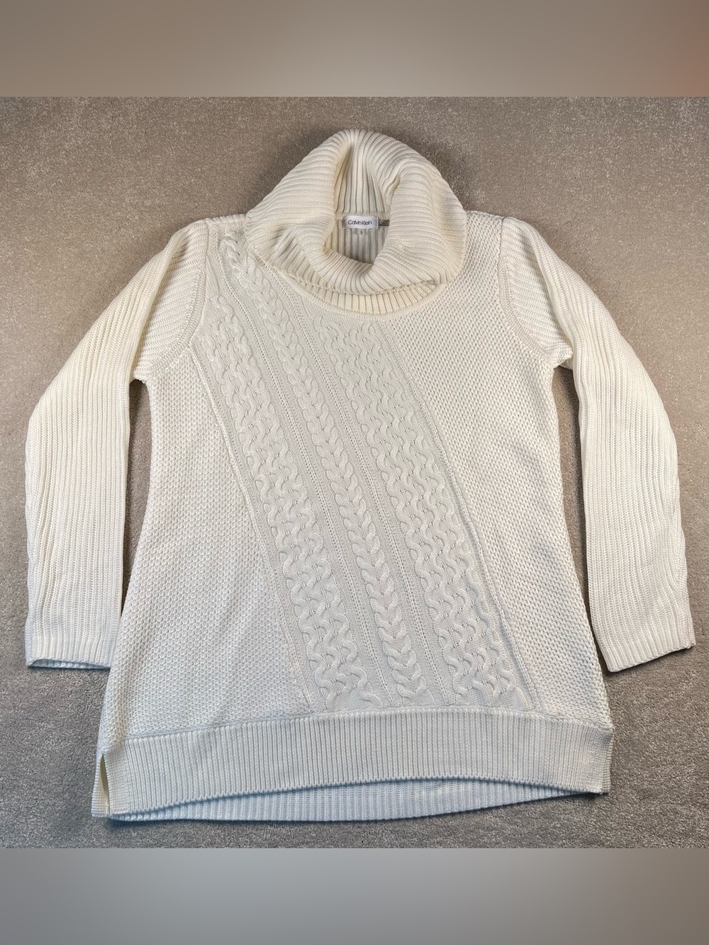 Calvin Klein Sweater Turtleneck Asymmetric Cream Cable Knit Women's Large